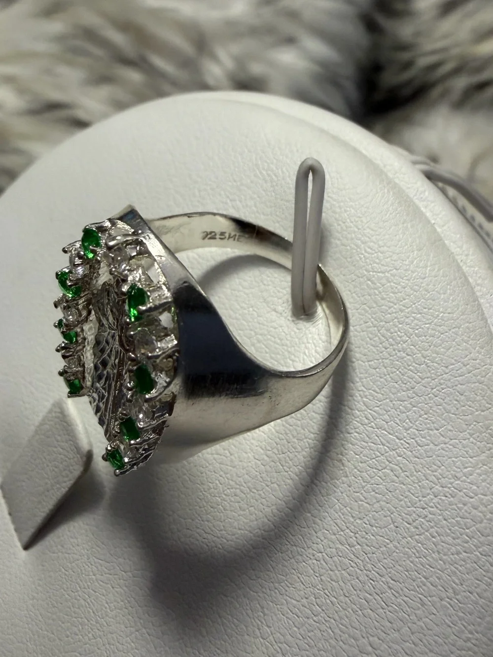 925 Sterling Silver San Judas Tadeo Horseshoe Ring Green Clear CZ Saint Jude